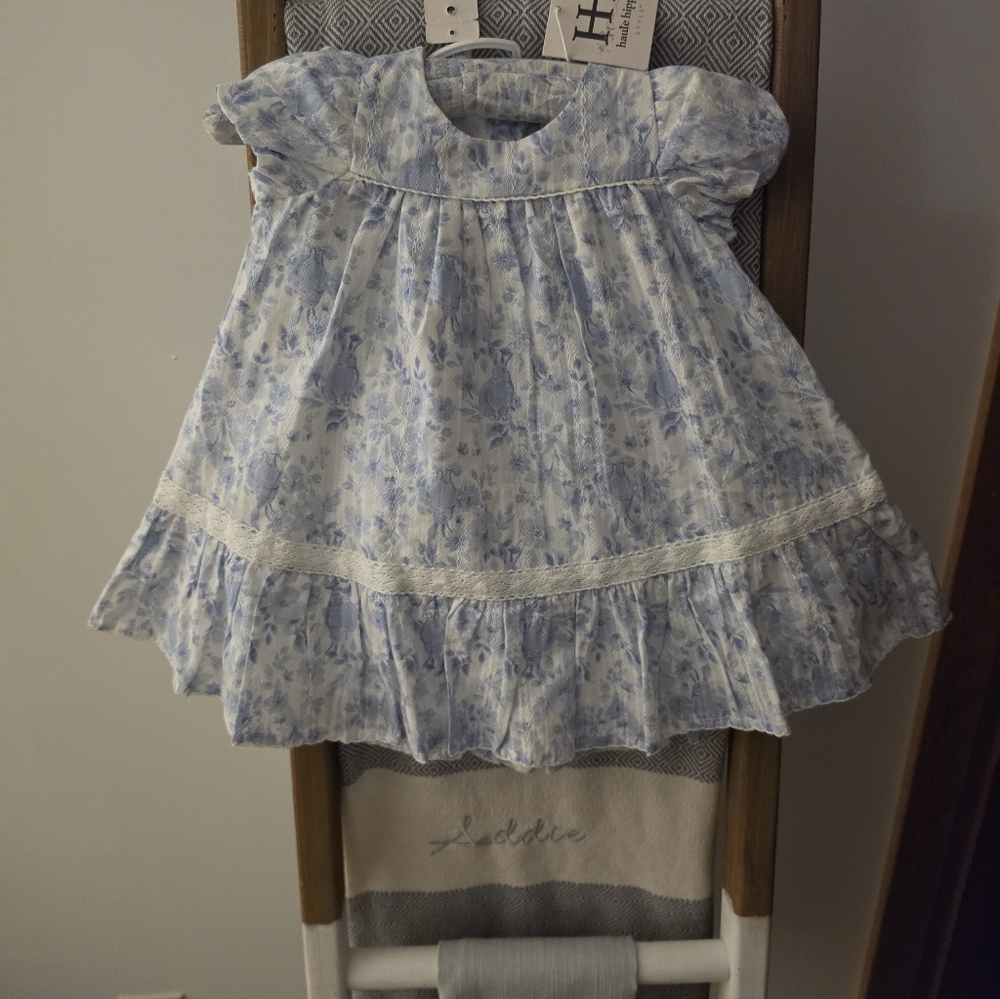 EASTER DRESS - Blue & White Floral Dress With Lace Trim
